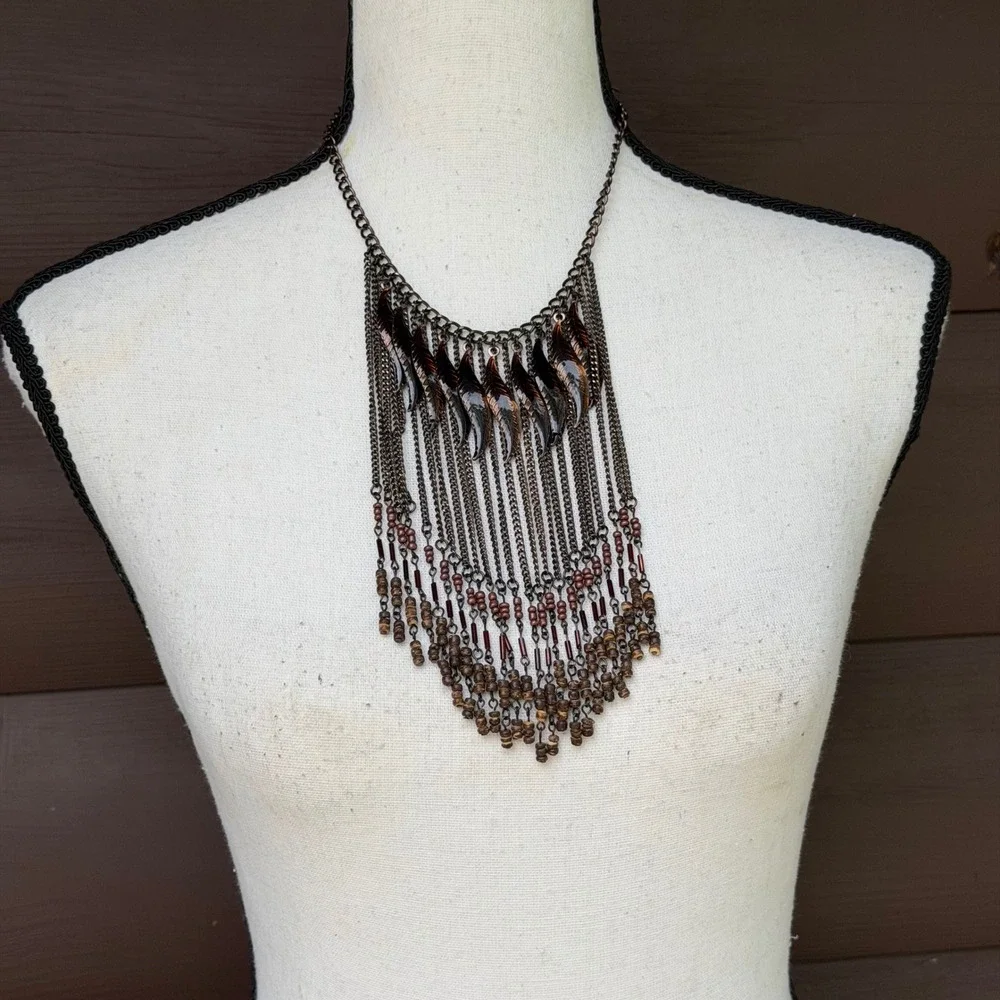 Whimsigoth Gunmetal Leaf Statement Necklace Earthy Boho Fringe Bib